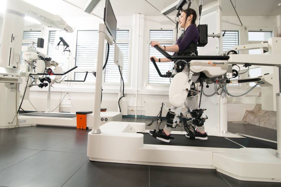 Patient during gait training with the Lokomat: Efficient and highly repetitive