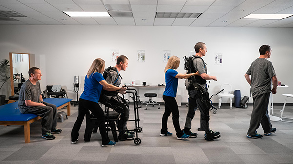 Patient during gait training with the Lokomat: Efficient and highly repetitive