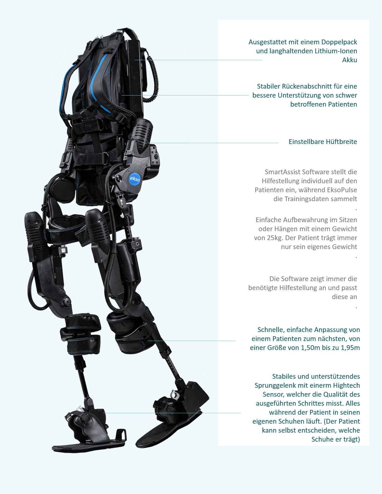 EksoNR EksoNR: Das Neuro-Robotik-Zentrum- München arbeitet mit dem EksoNR der neuesten Generation, welches mit einer starken neuen Software ausgestattet ist, Echtzeit-Feedback liefert und mit dem EksoView Touchscreen controller ausgestattet ist. Verglichen mit anderen Anwendungen in der Industrie, ist mit dem EksoNR das natürlichste Gangbild möglich.